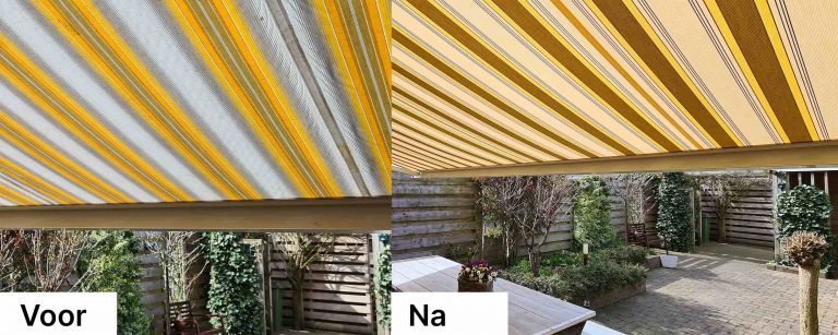 zonwering zonwerend nieuw scherm zonnescherm vervangen nieuw monteren montage modern intershades portfolio zelf doen doe het zelf op maat online bestellen kopen makkelijk met strepen patroon vervangen voor na